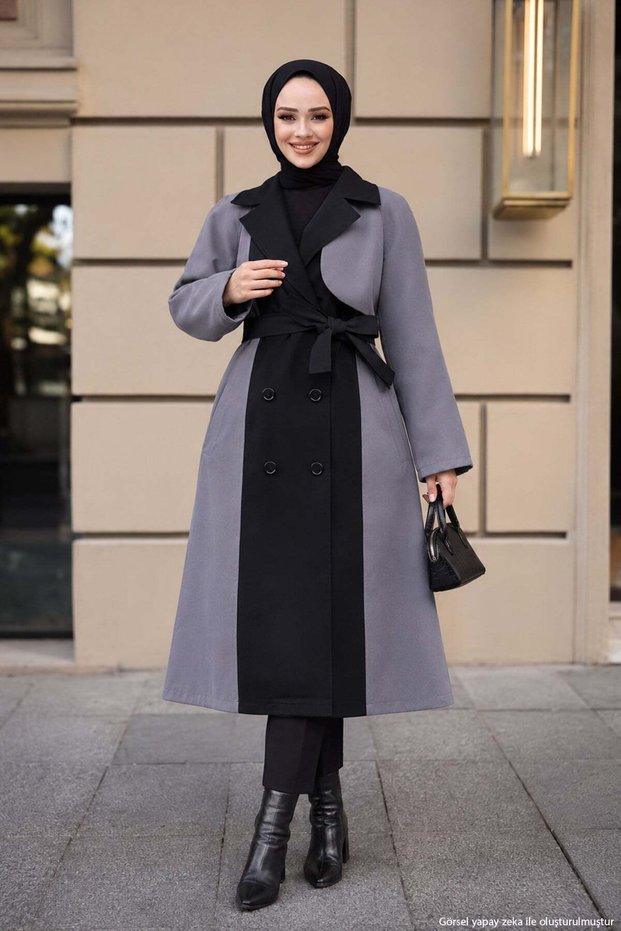 Two-Tone Belted Trench Coat, Gray HM2983