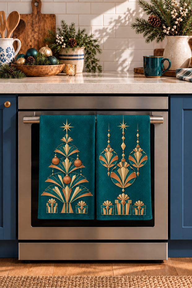 Golden Deco Geometric Patterned Christmas Tree Design Digital Print 2-Piece Kitchen Towel Set, 35x55 cm