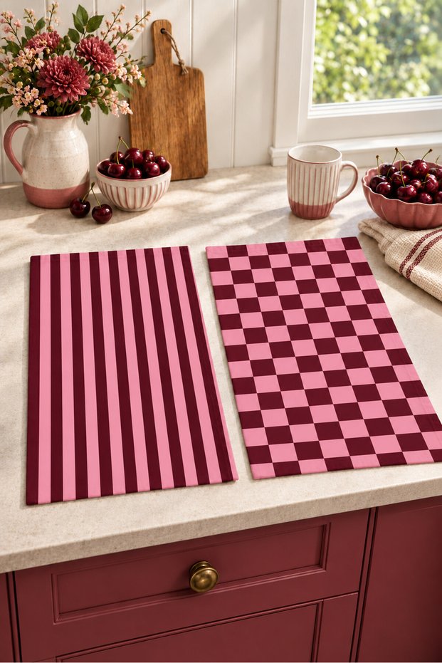 Berry Grid Striped Pattern and Checkered Pattern Digital Print 2-Piece Kitchen Towel Set, 35x55 cm