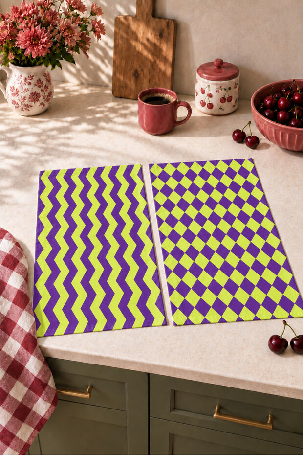 Lime Zigzag Patterned and Diamond Patterned Digitally Printed 2-Piece Kitchen Towel Set, 35x55 cm