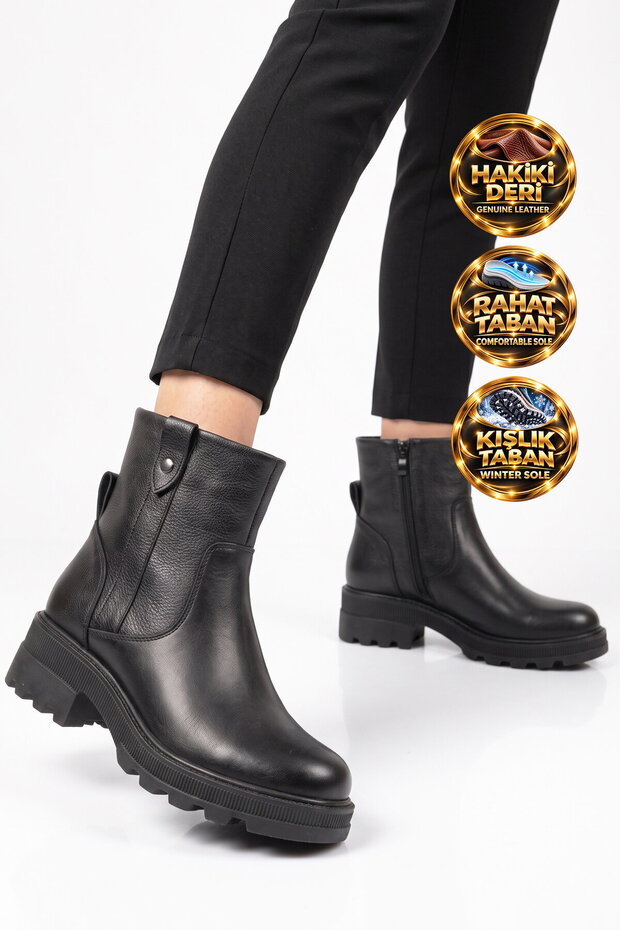 Black Genuine Leather Zip-Up Boots with Fleece-Lined Soles and Rubber Soles 212581-1