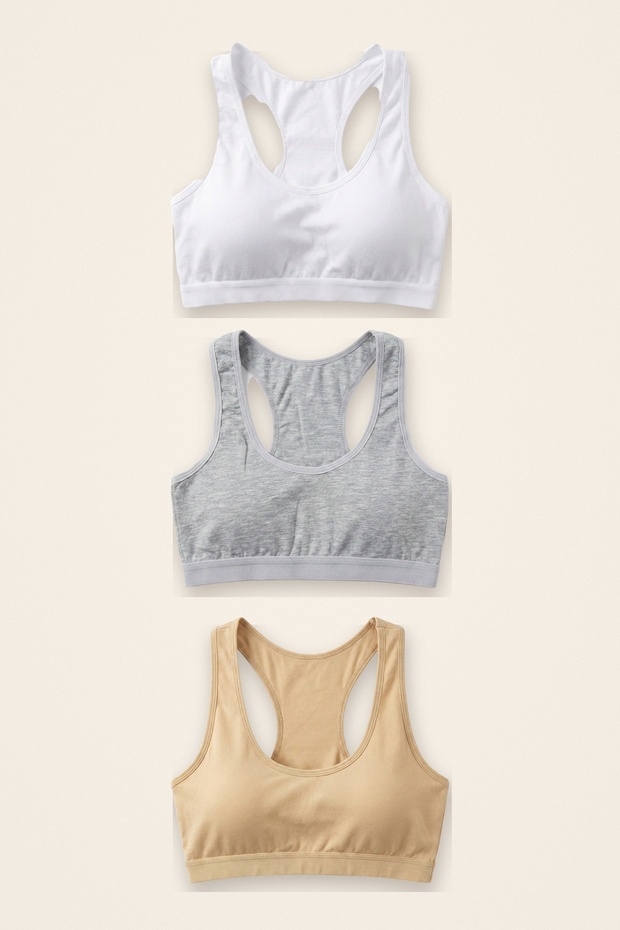 Women's Sports Bra, 3-Pack, Cotton, Removable Pads, Swimsuit-Style Back - White, Gray, Nude Bustier
