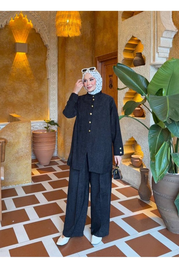 Velvet Pants and Blouse Modest Two-Piece Set, Black