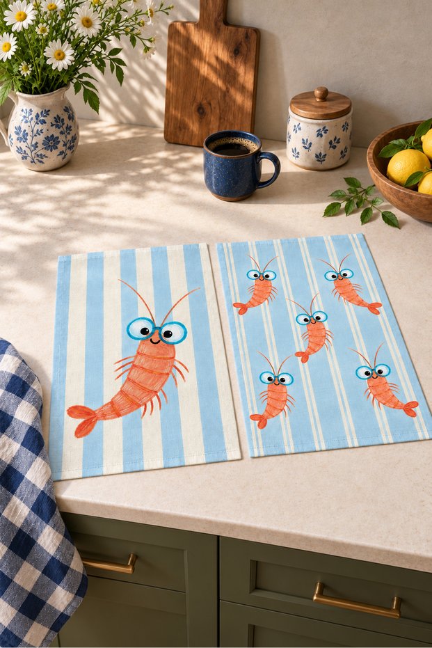 Shrimp Party Cute Shrimp-Patterned Digitally Printed 2-Piece Kitchen Towel Set, 35x55 cm