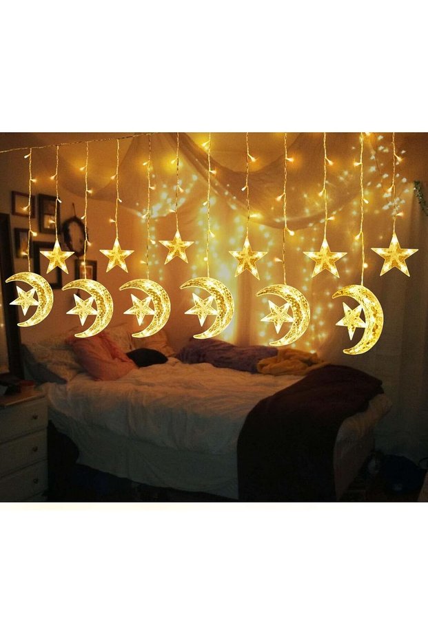 أضواء ستارة رمضان بنقشة النجوم والقمر – 138 مصباح LED يعمل بالـ USB مع جهاز تحكم عن بعد | 8 أوضاع، حجم كبير جدًا