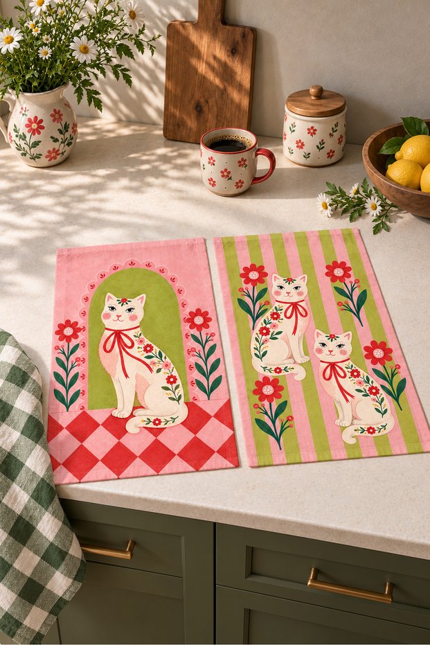 Garden Cat Floral Print White Cat-Patterned Digitally Printed 2-Piece Kitchen Towel Set, 35x55 cm