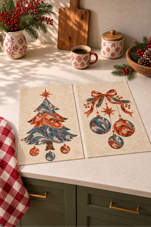 Marble Print Christmas Ebru New Year's Tree Pattern Digital Print 2-Piece Kitchen Towel Set, 35x55 cm
