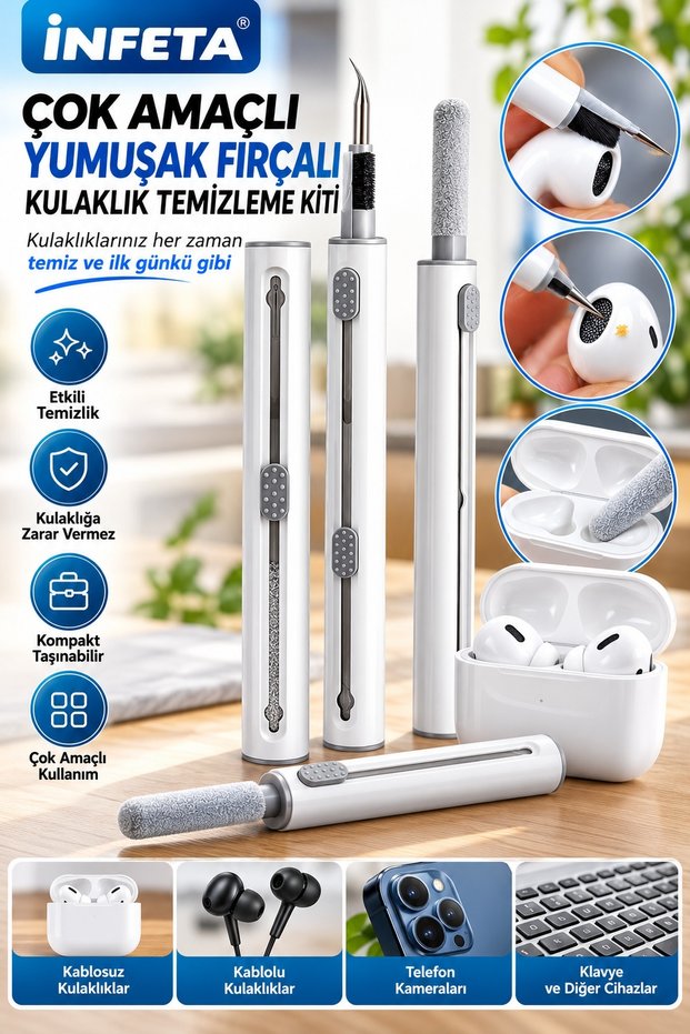 White 3-in-1 Wireless Bluetooth Headphone Cleaning Pen with Brush and Metal Tip Kit