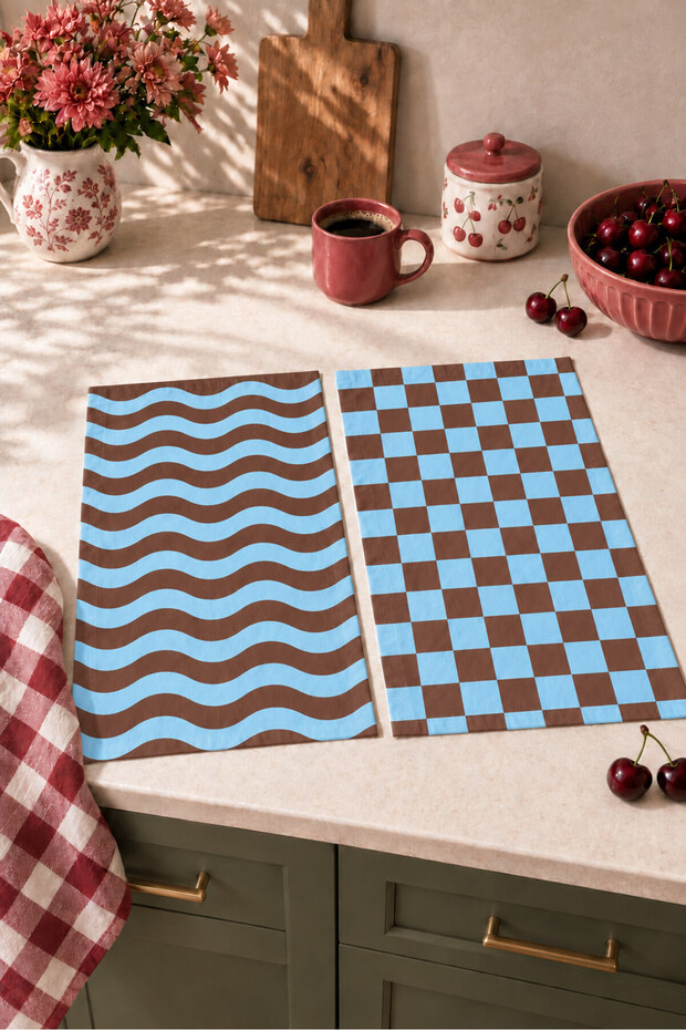 Cocoa Wave Wave and Checkered Pattern Digitally Printed 2-Piece Kitchen Towel Set, 35x55 cm