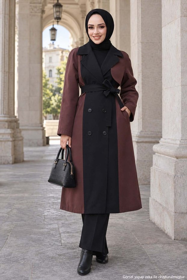 Two-Tone Belted Trench Coat, Brown, HM2983