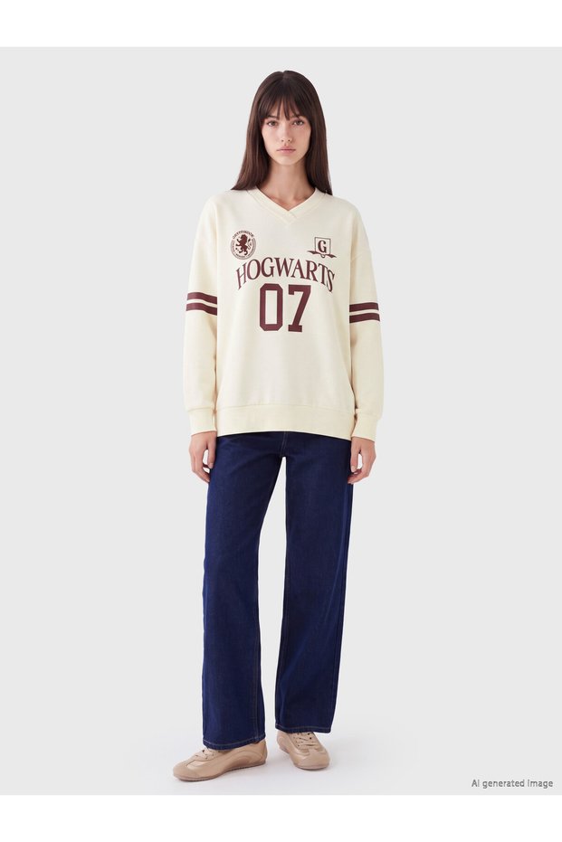 TWO MT SHOP QUALITY XSIDE Beige Harry Potter Printed Oversized Women's Sweatshirt