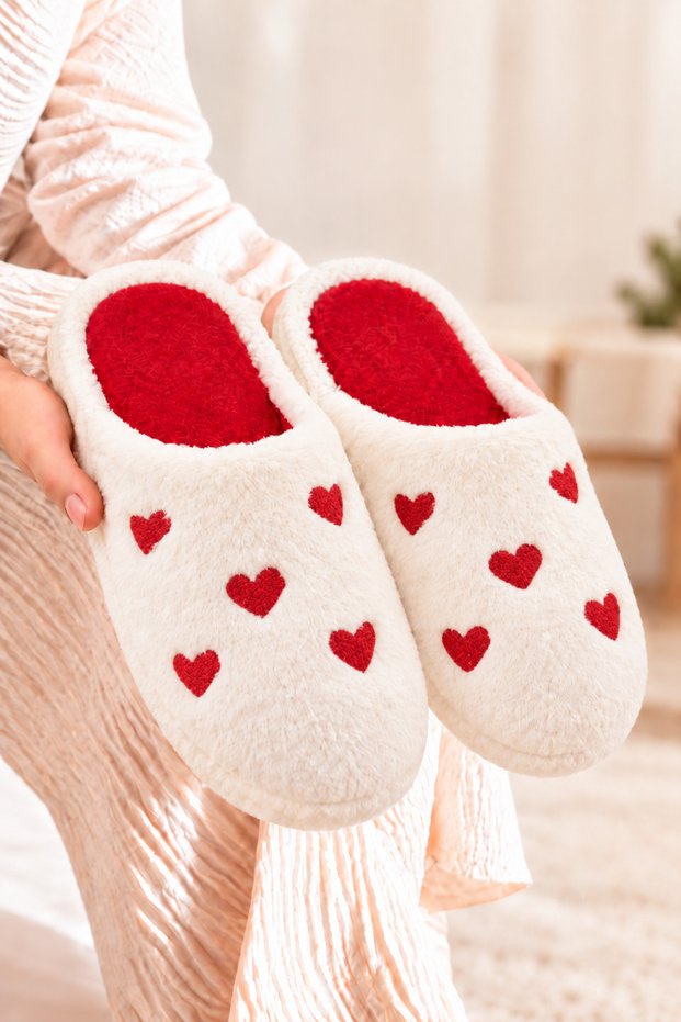 Women's heart-shaped plush house slippers, bridal gift set slippers.