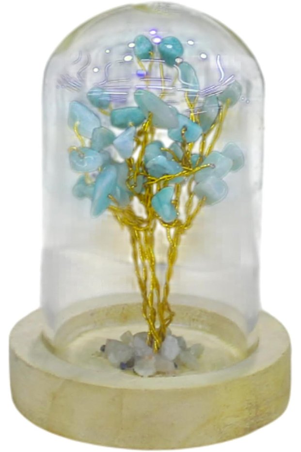 Latas Natural Aquamarine Stone Tree in a Glass Dome with Wooden Base | Artificial Bonsai Feng Shui Money Tree & Good Luck for Home & Office 03