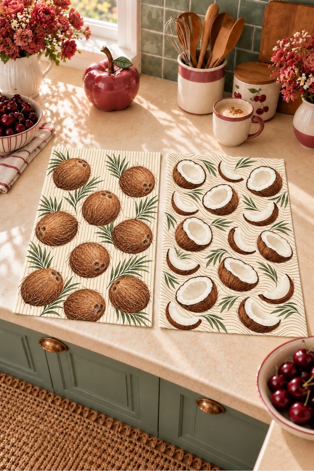 Digitally Printed Coconut-Patterned 2-Piece Kitchen Towel Set, 35x55 cm