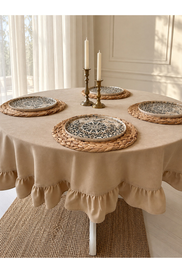 Velvet-Textured, Carefree Ruffled Tablecloth in Beige