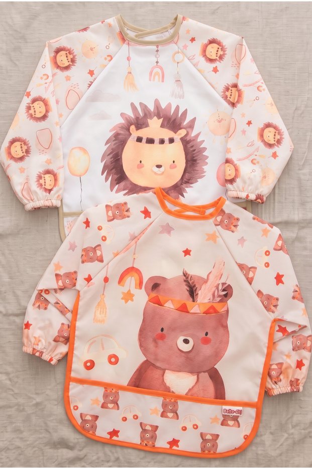 Set of 2 Long-Sleeved, Wearable, Funny Lion-Bear Print, Liquid-Resistant Activity and Feeding Bibs, 6–24 Months