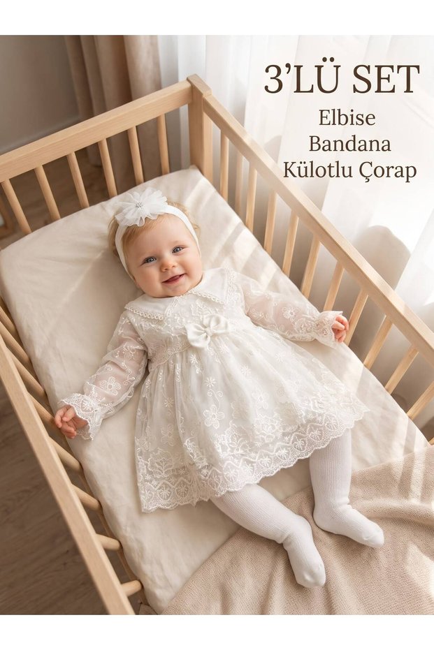 Girl Baby Christening Dress 3-Piece Set with Bandana, Tights, and Lace—Newborn Hospital Outfit, Wedding Dress, Evening Gown—100% Cotton Christening Set 8025