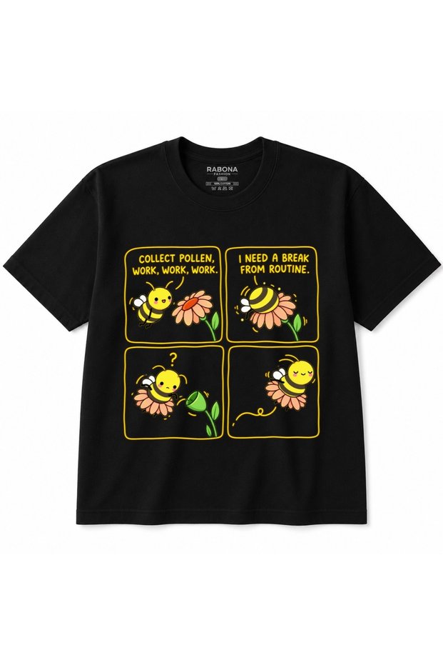 Bee Happy – Time for a Break: Cute Bee and Flower Cartoon-Themed T-Shirt