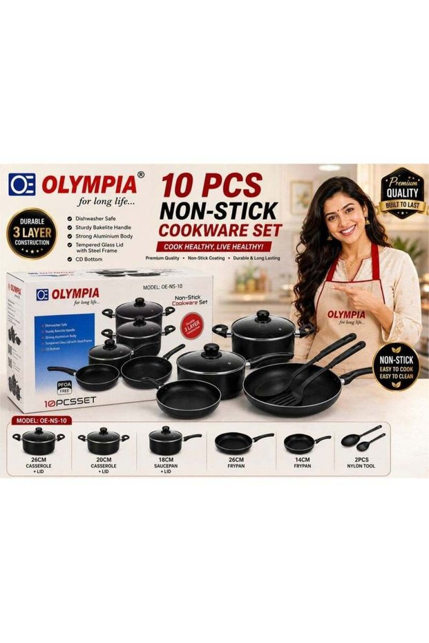Non-Stick Cookware Set 10 Pieces, Aluminium Pots and Pans with Tempered Glass Lids