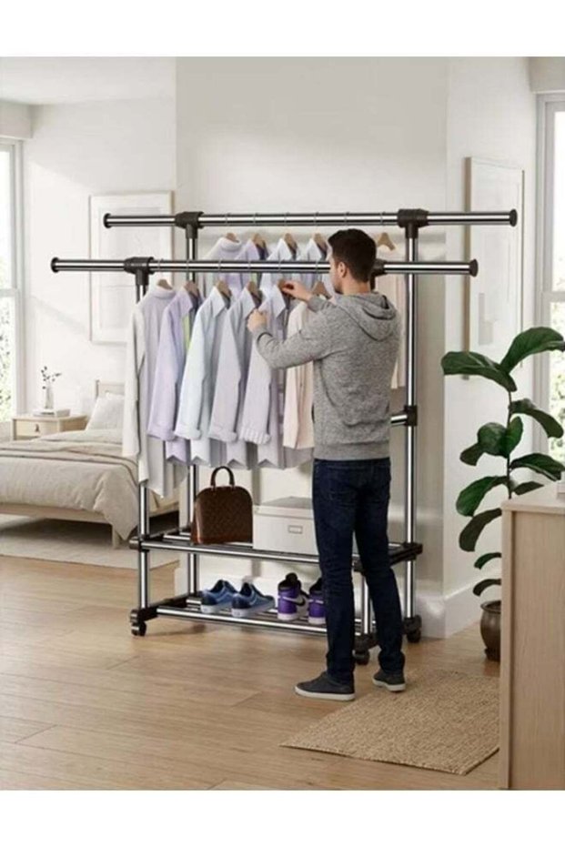 Expandable Double Rod Garment Rack 85-140 cm with Wheels and Bottom Shelves, 150 cm Tall