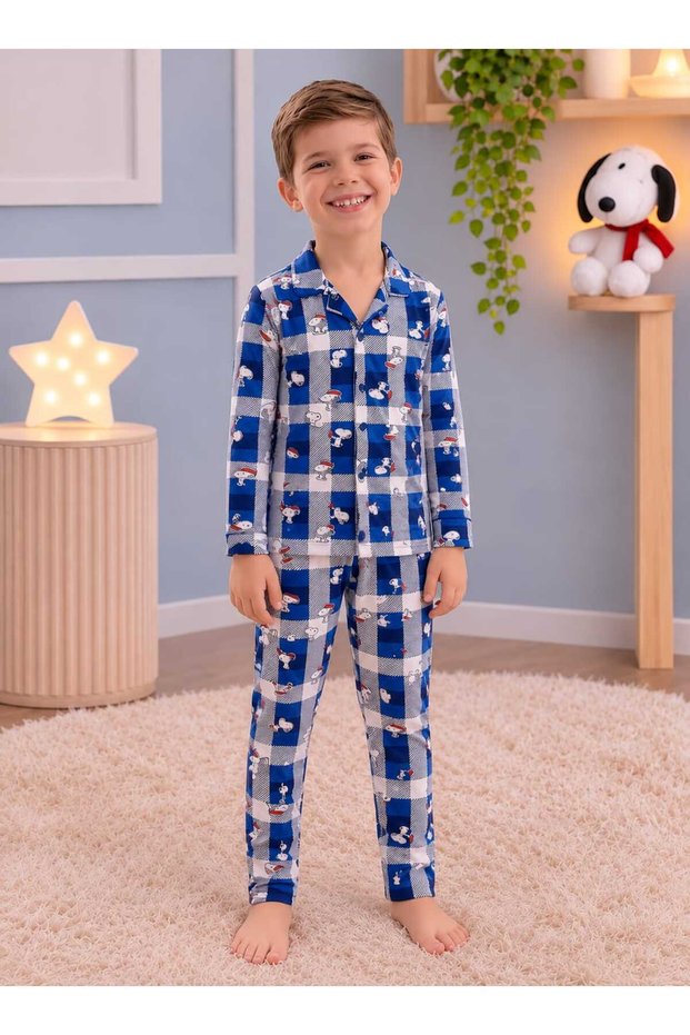 Boys' Plaid Suede Pajama Set with Button-Front Design