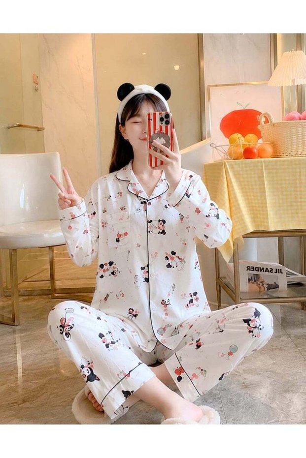 Women Daily Wear Printed Pajama Set One Size, Long Sleeve Loose Top and Wide Leg Palazzo Pants