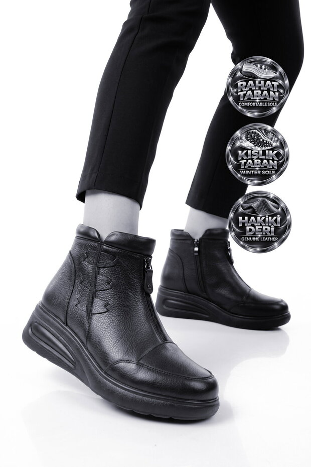 Black Genuine Leather Women's Zip-Up Boots with Anatomical Sole 327704 Dribble