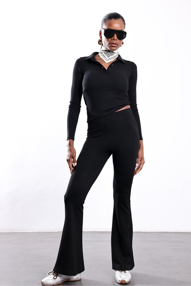 Black Elasticated Hem Flared Pants 2511