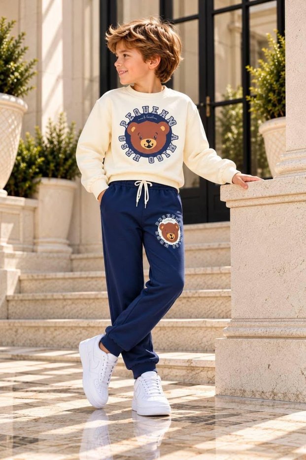Boys' Three-Thread Brushed Inside Teddy Bear Print Sweatsuit Set (Ages 3–10)