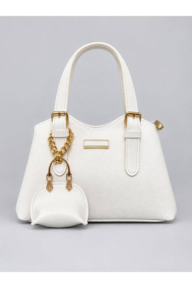 Women's Mini Clutch Bag and Shoulder Bag with Charm Details, Adjustable Long Strap, Stylish Everyday Faux Leather White Bag