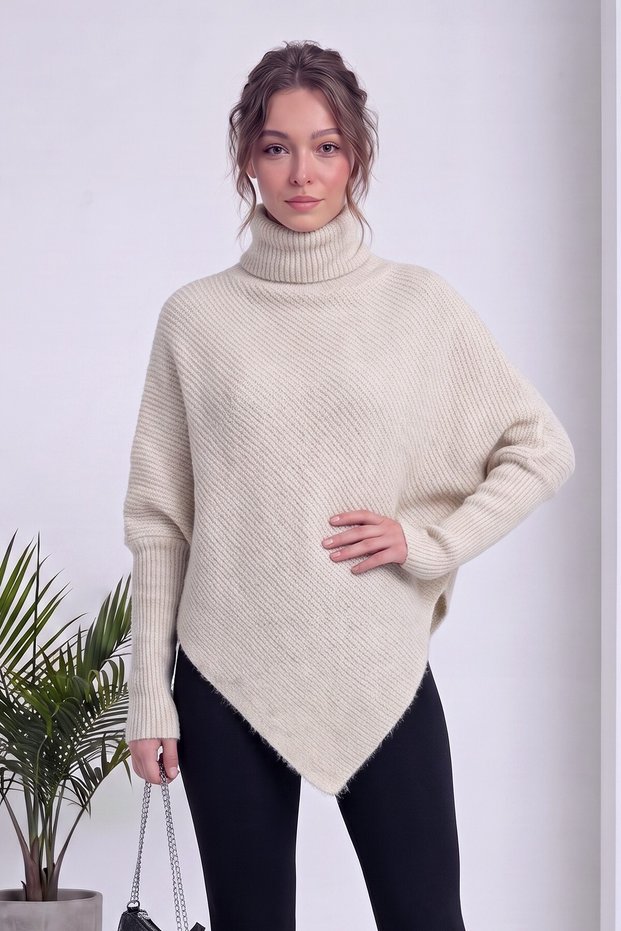 Women's Relaxed Fit Asymmetrical-Cut Sweater with a Turtleneck—Red, Brown, Gray, Burgundy, White, Beige, Anthracite