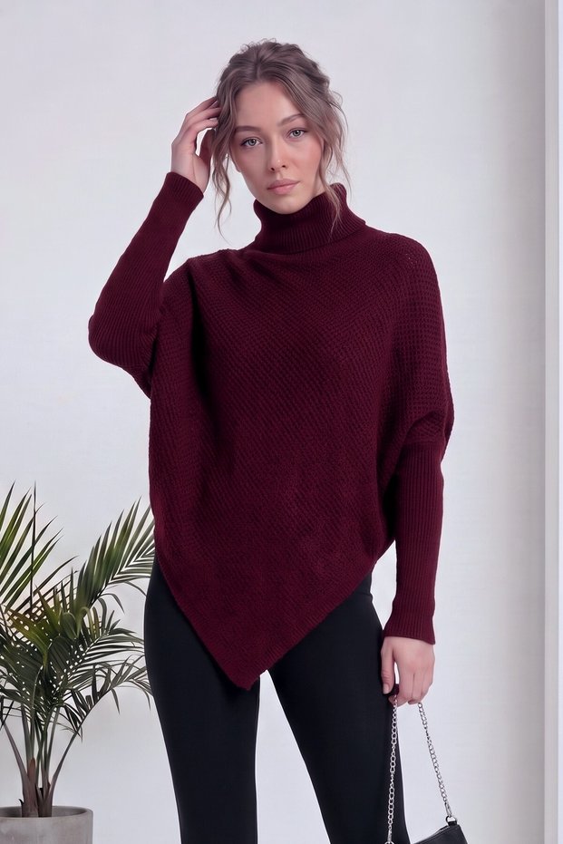 Women's Relaxed Fit Asymmetrical-Cut Sweater with a Turtleneck—Red, Brown, Gray, Burgundy, White, Beige, Anthracite