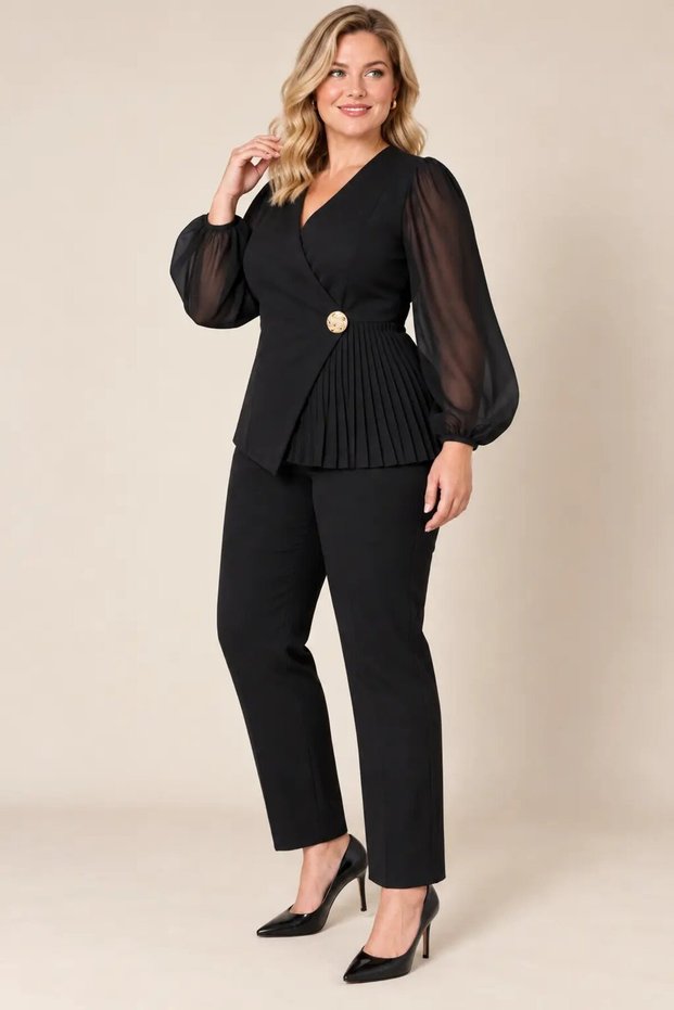 Women's Black Plus-Size V-Neck Two-Piece Set with Gold Button Collar Detail and Pleats HZL26S-TRV15101