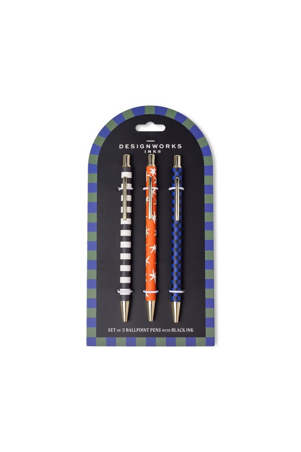A Dopo Stripe Star Check 3-Piece Patterned Ballpoint Pen Set - Black Ink