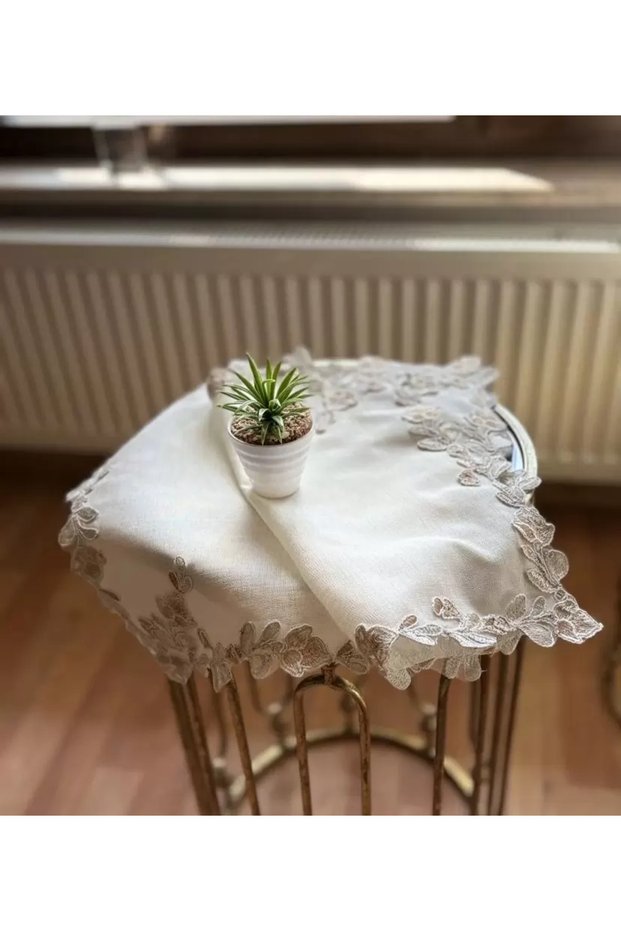 Cream-Cappuccino Dowry Box Simella Model 5 Piece Embroidered Tablecloth Runner Set
