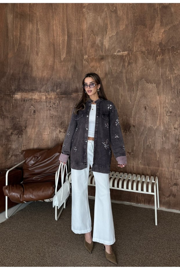Women's Denim Jacket with Beaded Embroidery on the Front and Back Sleeves
