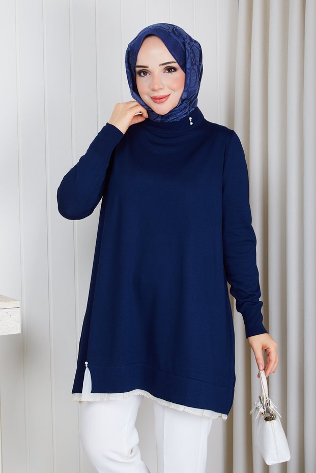 Women's Skirt with Tulle Detail and Pearl-Embellished Mercerized Knit Tunic