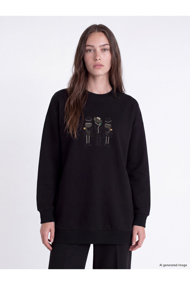 TWO MT SHOP QUALITY LCW Modest Black 3-Thread Embroidered and Brushed Inside Loose & Oversized Women's Sweatshirt Tunic