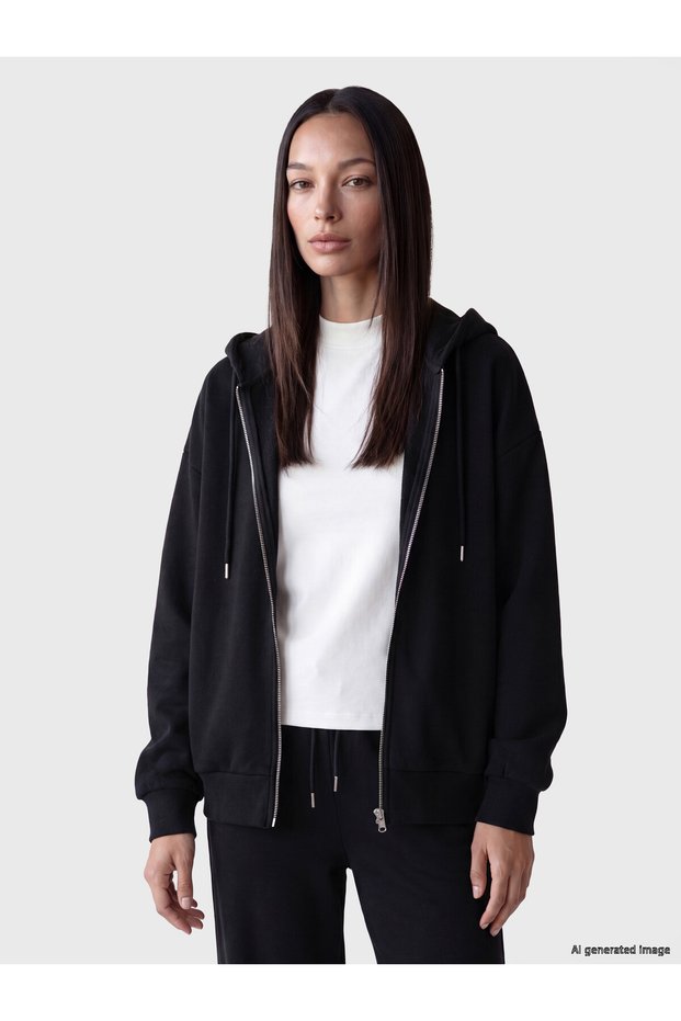 TWO MT SHOP QUALITY LCW EVERYDAY Black 3-Ply Solid Women's Zipper Sweatshirt