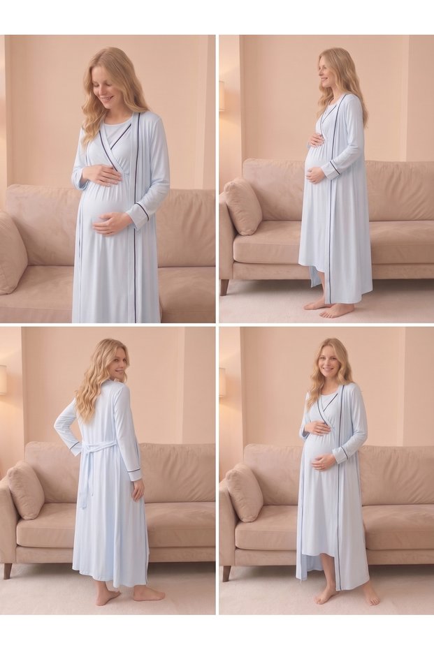 Piped Long-Sleeved Nightgown and Robe Set for Pregnant and New Mothers