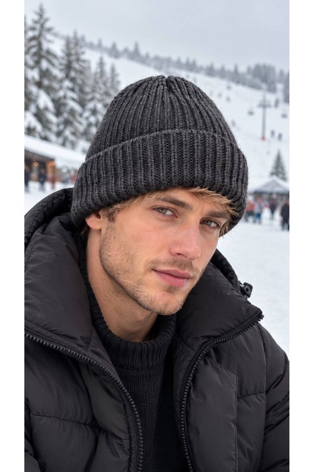 Charcoal Grey, Soft-Textured, Corded Fabric Men's Beanie