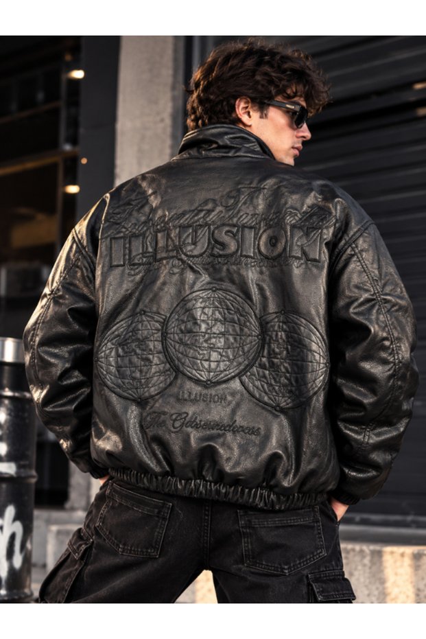 Men's Black Oversized Leather Jacket with Back and Front Prints - ILLUSION