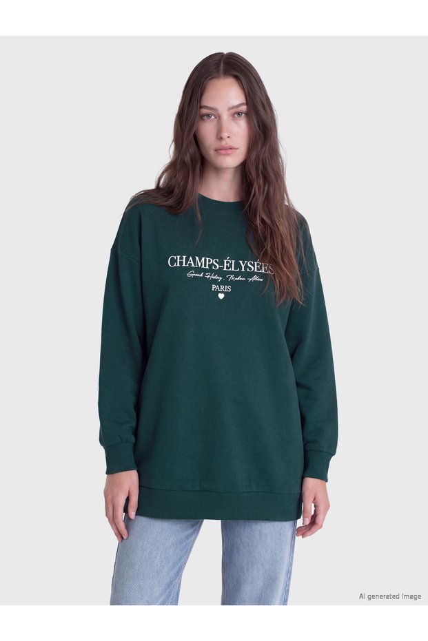 Two Mt Shop Quality Lcw Modest Green 3 Thread Raster Printed Comfortable & Relaxing Women's Sweatshirt Tunic