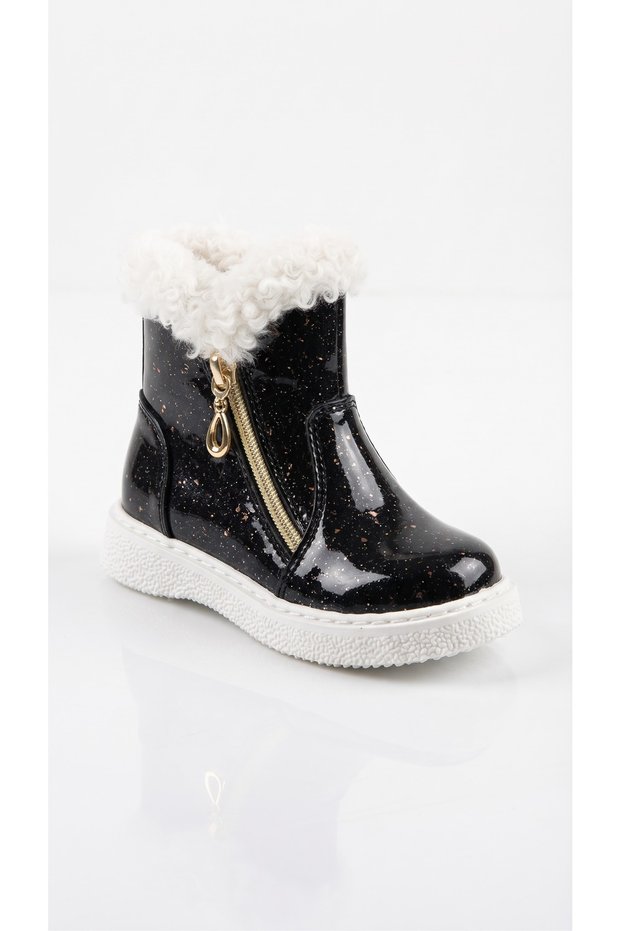 GIRLS' BLACK PATENT LEATHER ZIP-UP BOOTS WITH ZIP DETAIL, FUR-TRIMMED DESIGN, NON-SLIP SOLES, AND A SPARKLY, STYLISH DESIGN
