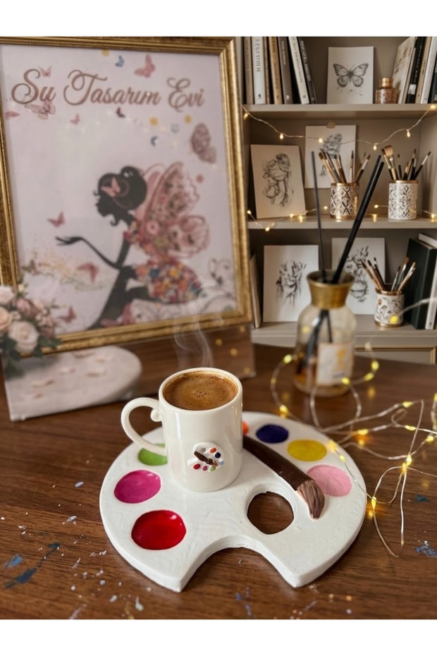 Water Design House Handmade Polymer Clay Figurine Porcelain Cup and Color Palette-Inspired Serving Platter