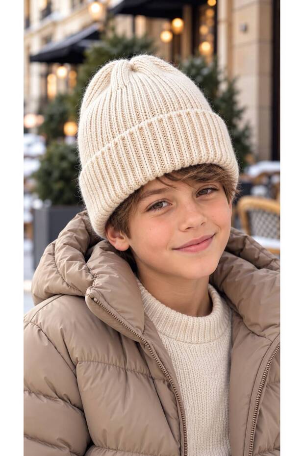 Cream-Colored, Soft-Textured Ribbed Knit Boy's Beanie, Ages 7–12