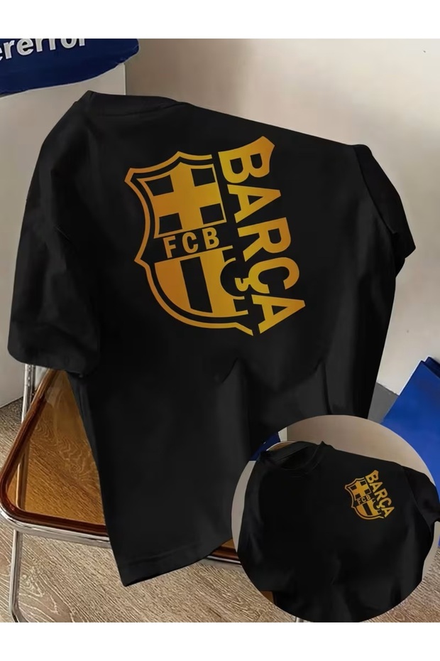 Unisex Oversized Printed Cotton Crew-Neck Short-Sleeve Black T-Shirt Barça