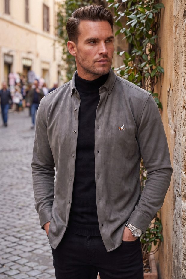 Men's Regular Fit Non-Iron, Wrinkle-Resistant Charcoal Grey Suede Shirt – Pilling-Resistant with Stretch Fabric 2700764