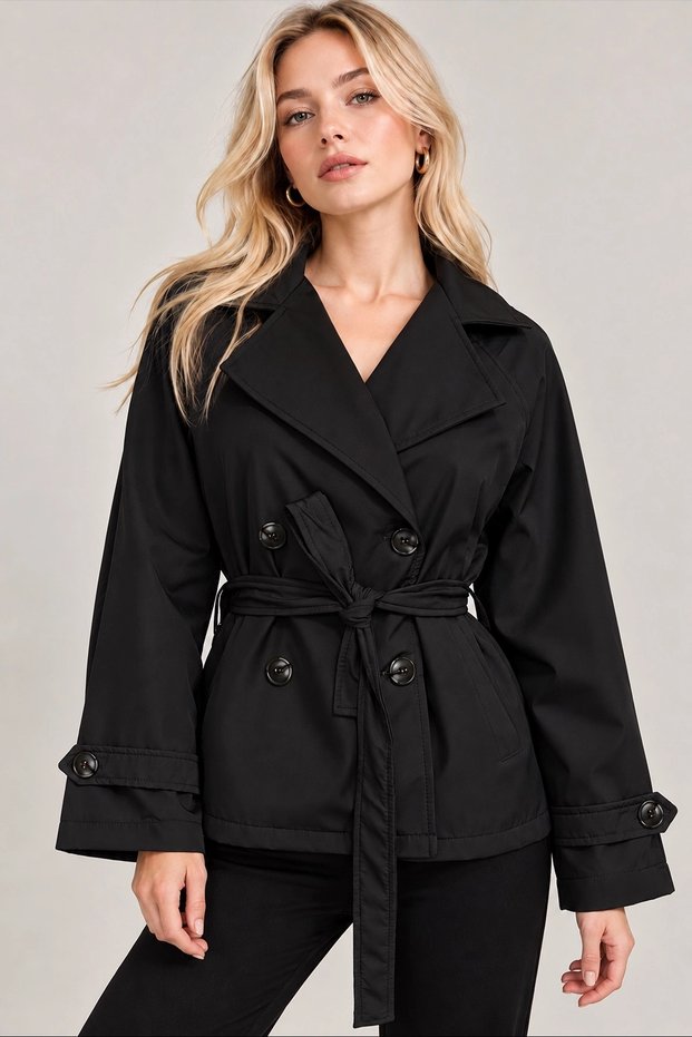 Women's Black Belted Double-Breasted Button-Up Short Trench Coat with Pockets