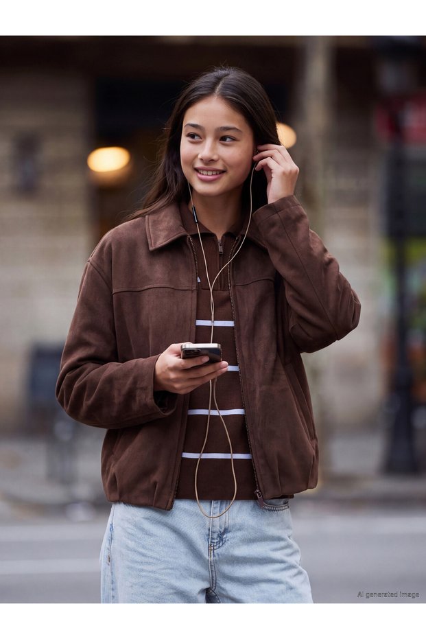 TWO MT SHOP QUALITY LCW Teen Brown Suede-Look Plain Loose & Oversized Jacket for Young Girls